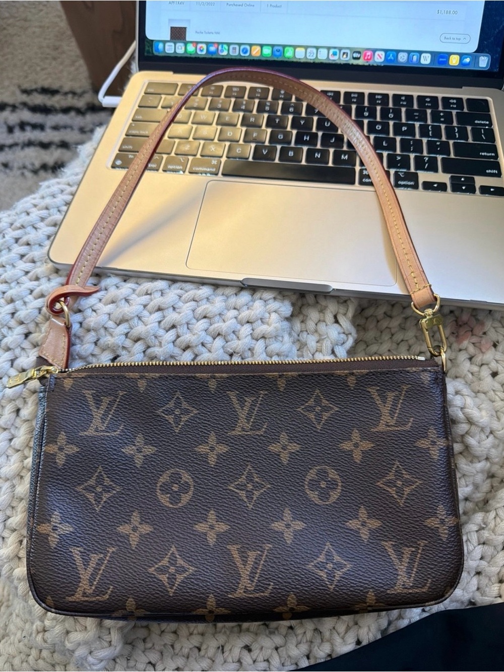 Louis Vuitton Brown Monogram Canvas Wristlet with Pink-Edged Vachetta Strap - Picture 3 of 5